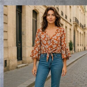 Billabong Floral Rust Cream V Neck Festival Long Bell Sleeve Tie Waist Women 14P